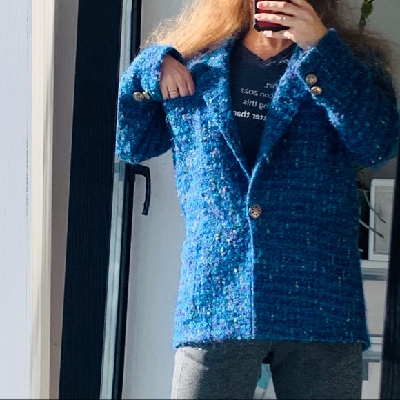 Vintage Teal Gold Metal Buttoned Bouclé Blazer - Picture 10 of 13